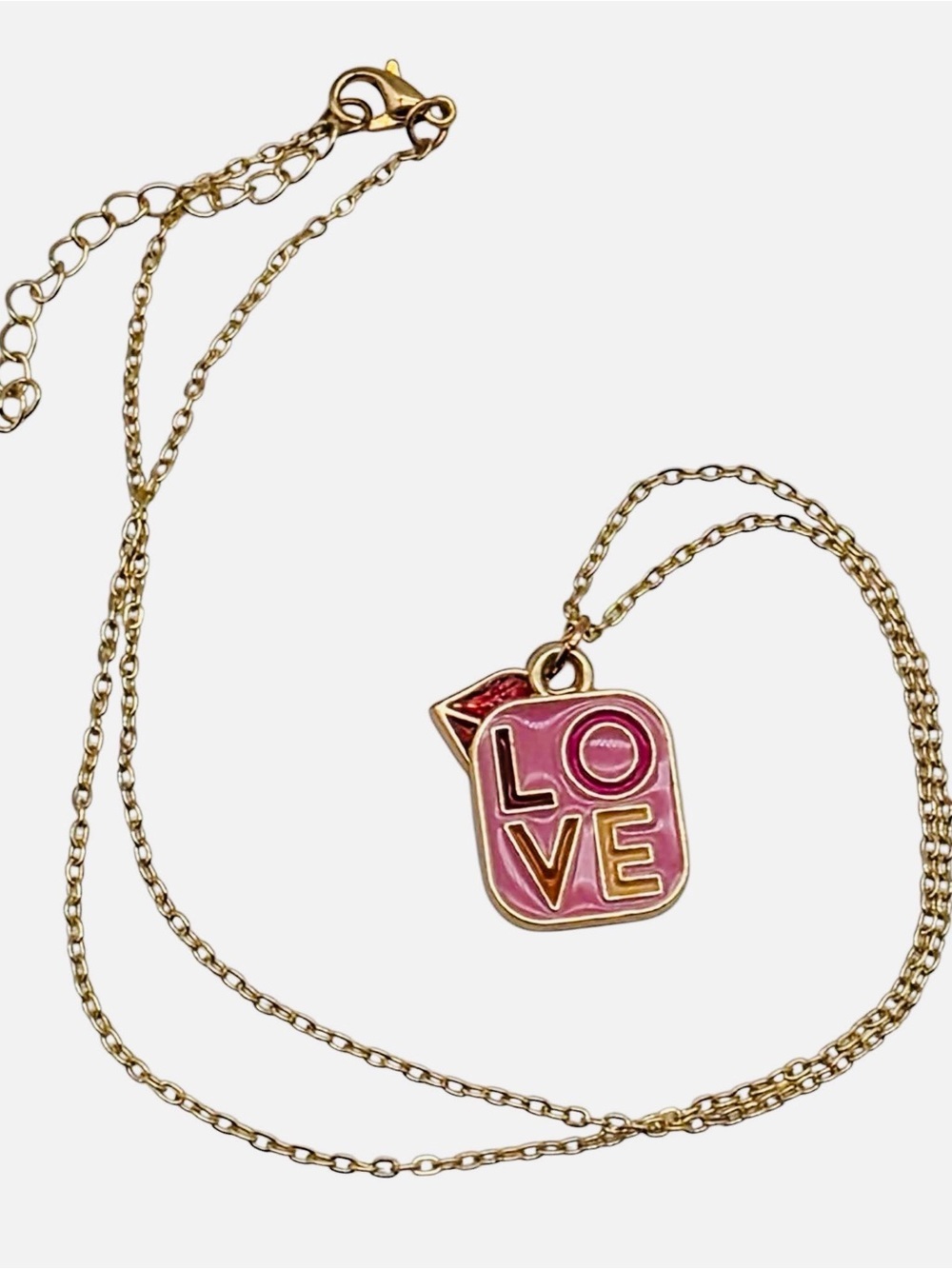 Pink LOVE Enamel Charm Necklace Gold Chain Lips Coquette Y2K Romantic Luxe